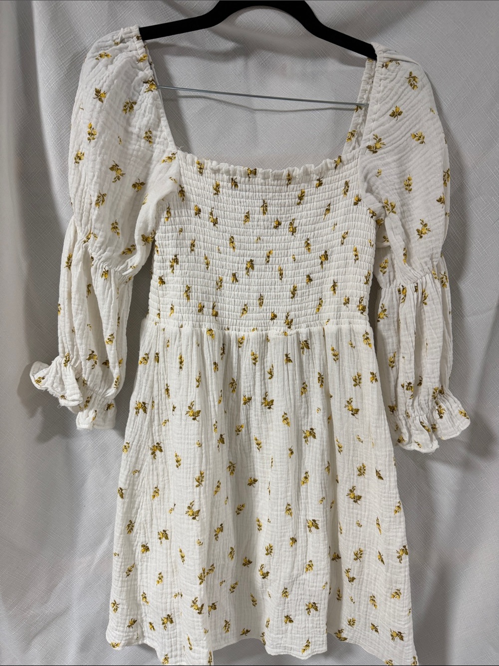Smocked Square-Neck White Dress with Yellow Floral Print